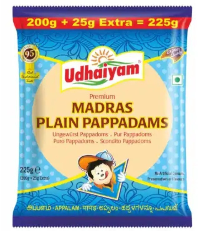 Udhaiyam Premium Madras Plain Appalam 225g